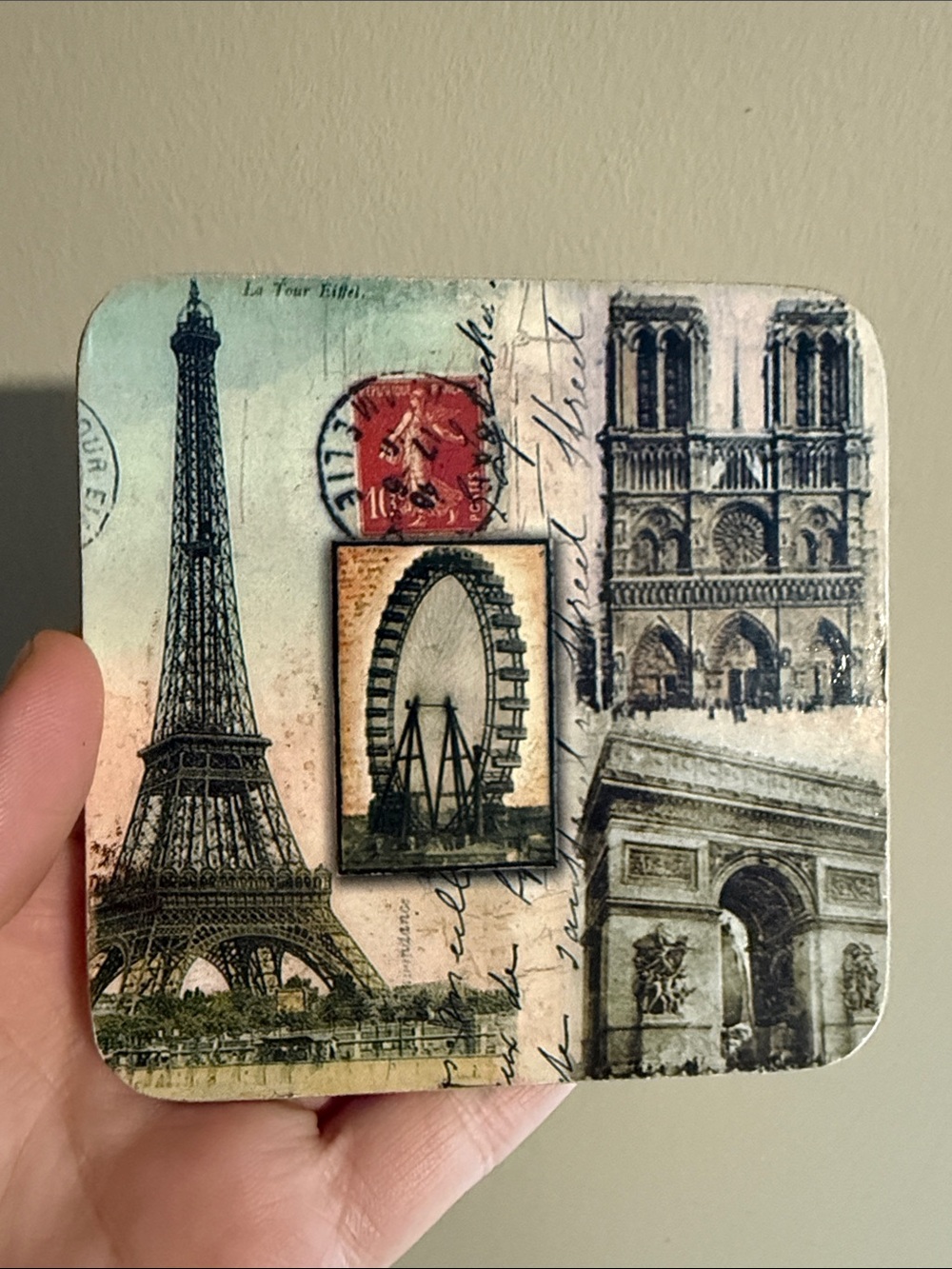 vintage-style Paris collage coaster featuring iconic landmarks like the Eiffel T